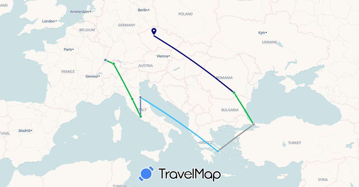 TravelMap itinerary: driving, bus, plane, cycling, boat in Switzerland, Czech Republic, France, Greece, Italy, Romania, San Marino, Turkey (Asia, Europe)